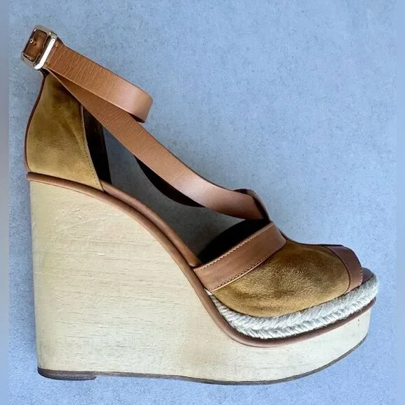 Hermes Tan Suede and Leather Wooden Wedge Ibiza Sandals size 38 - Picture 15 of 15